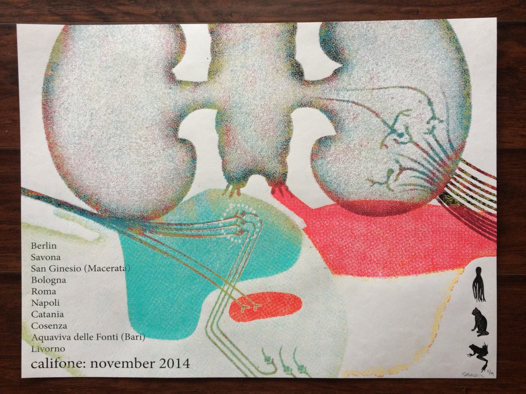califone european limited edition tour poster from november 2014 - designed and screenprinted by Steve Emshwiller at http://warpaintstudio.com/steve/ cities listed: Berlin, Savona, San Ginesio, Bologna, Roma, Napoli, Catania, Cosenza, Aquaviva delle Fonti, Livorno. this is a beauty . signed and numbered by the artist. only 99 of these were made. these are the leftovers. grab one while they last. Shipped in a cardboard tube.